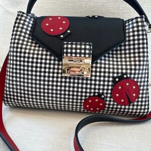 Gingham Satchel with Black Trim and Red Accent Appliqués